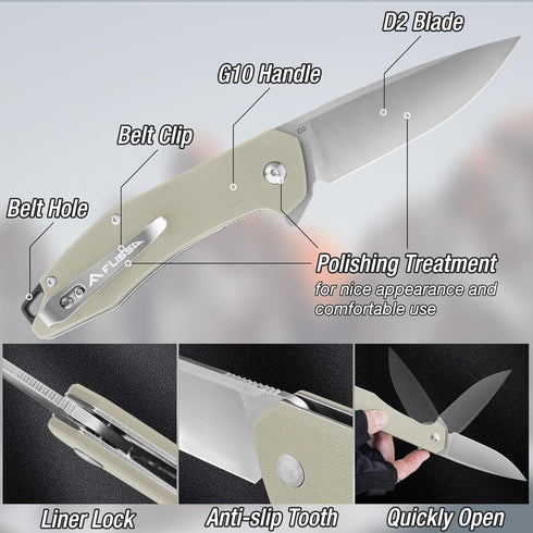FLISSA Pocket Knife, Folding Tactical Knife with G10 Handle, D2 Blade, Liner Lock, Pocket Clip, EDC Knife for Hiking, Camping, Survival, Indoor an...