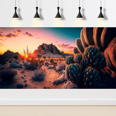 Reptile Habitat Background Colorful Sunset Over Desert Landscape Terrarium Background Cactus and Rocks Gobi Desert Plants Aquarium Background Tank...