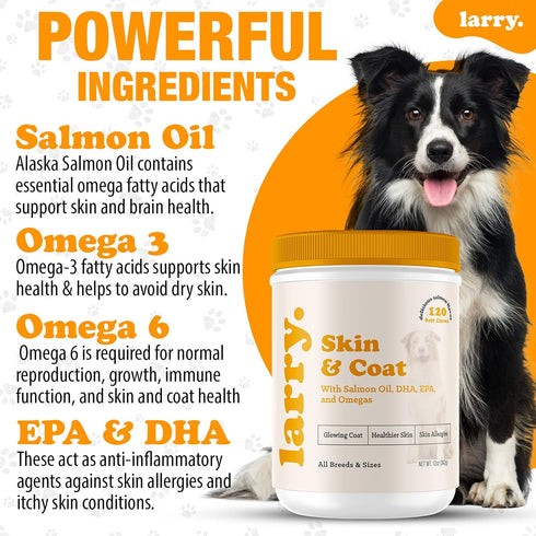 Salmon Oil for Dogs Skin and Coat by Larry | Dog Supplements for Itchy Skin & Allergy Relief | Omega 3, 4, DHA, & EPA for Skin, Coat, Bone, & Join...