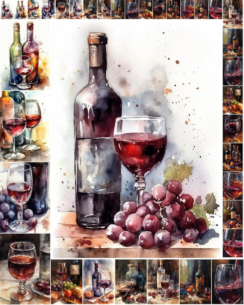Decoupage Paper Pack (35 Sheets 6"x8") Watercolour Paintings of Amazing Wine and Grapes FLONZ Vintage Illustration Pictures Cards for Decoupage, C...