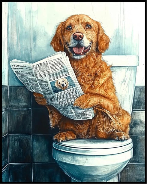 Posterizer 1 pcs-drawing style art-funny dog on toilet reading newspaper 1-Bathroom Restroom Art-Art for Animal Lovers-Decor for Home & Office- un...
