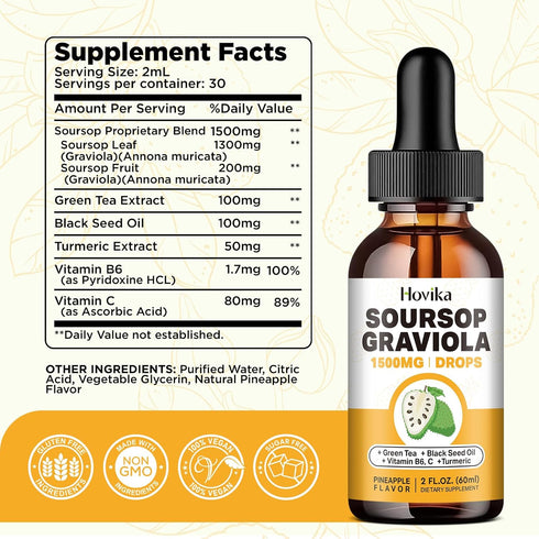 Soursop Graviola Liquid Drops 1500mg - Soursop Leaves & Fruit with Green Tea, Black Seed Oil, Turmeric for Cell Support, Immune, Antioxidant - Sou...