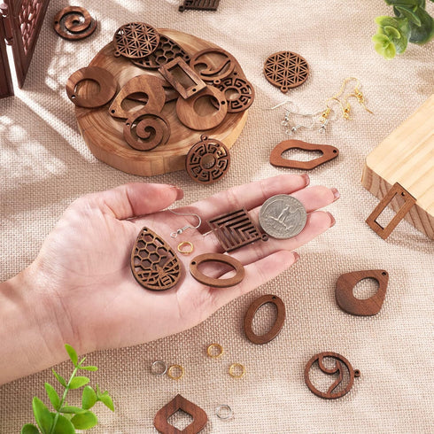FASHEWELRY 24Pcs Natural Filigree Wood Earring Charms Blank Flat Round Teardrop Oval Walnut Wooden Pendants with 120pcs Earring Hooks Jump Rings f...