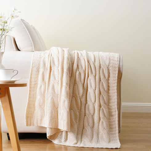Battilo Cream Ivory Cable Knit Throw Blankets for Couch, Super Soft Warm Cozy Decorative Knitted Throw Blanket for Bed, Sofa, Chair 50"x60"...