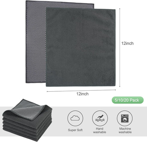 SINLAND Microfiber Dish Cloths Wash Clothes for Kitchen Best Kitchen Cloths Cleaning Cloths Poly Scour Side 12"x12" (5Pack, Dark Grey)...