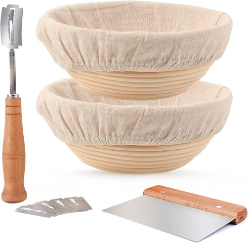 Proofing Baskets for Sourdough Bread Making, Dough Proofing Bowls Kit with Cloth Liner + Scoring Lame + Scraper for Professional & Home Sourdough ...