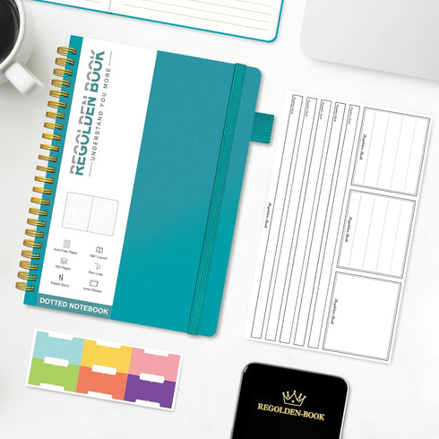 Regolden-Book Spiral Ruled Notebook, Ruled Lined Hardcover Journal for Note Taking (Teal, Dotted)...