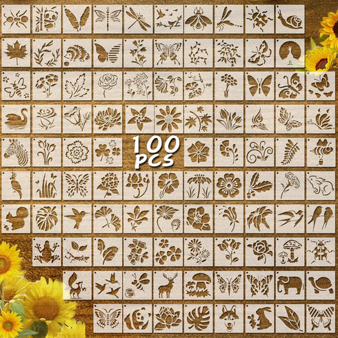 100 Pieces Stencil for Painting,3 Inch Flower Stencils DIY Craft Animal Reusable Template Paint Stencils for Painting on Wood, Crafts, Wall Home D...