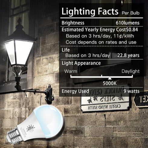 2 Pack Dusk to Dawn Light Bulbs Outdoor, 5000K-Daylight, 720LM, 9W(60W Equivalent) A19 E26 Automatic On/Off LED Light Bulbs, Dusk to Dawn LED Outd...