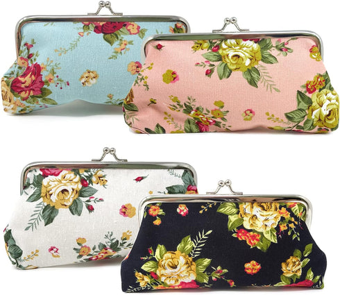 Honbay 4PCS Canvas Floral Coin Purse, Kiss Lock Change Purse, Vintage Trinkets Pouch, Cell Phone Pouch, Rose Pattern Clasp Closure Wallet, 3.54 x ...