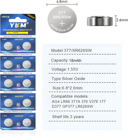 377 SR626SW Watch Battery LR626 376 V377 377a AG4 1.55V Silver Oxide Button Battery Replacement for Watch Clock 20 Pack...