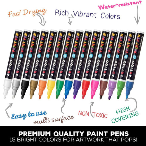 Paint pens for rock painting - Wood, Glass, Metal and Ceramic Works on almost all surfaces set of 15 Vibrant Medium tip Oil Paint Marker Pens, Qui...