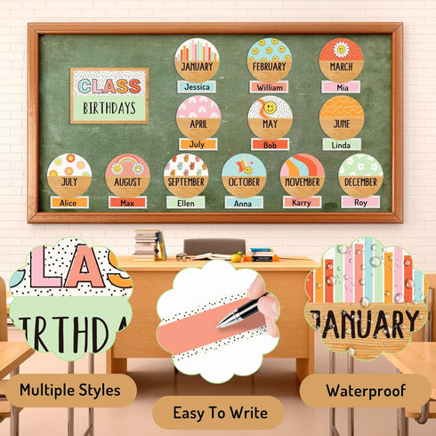 Back to School Birthday Bulletin Board Set Groovy Class Birthday Bulletin Board Stickers Retro Boho Hippie Month Header Decals for School Classroo...