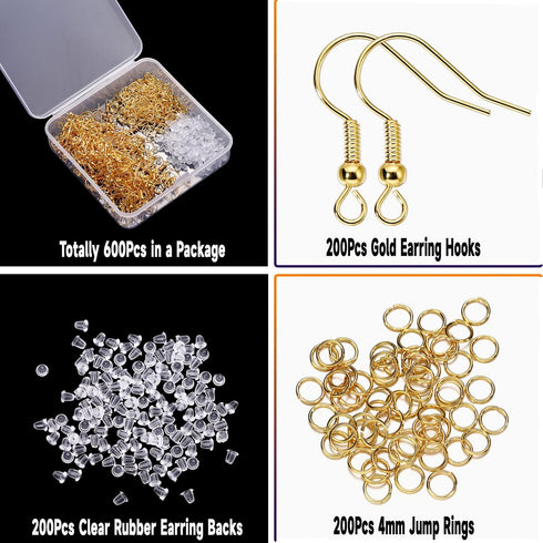 St. Kunkka 600 Pcs Hypoallergenic Earring Hooks Set - Gold Earring Making Kit with Backs & Jump Rings for Jewelry Making...