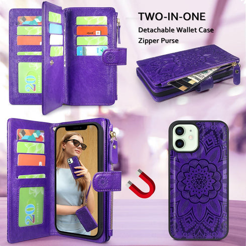 Harryshell Compatible with iPhone 12 / iPhone 12 Pro Case Wallet Detachable Magnetic Zipper Leather Cash Pocket with 12 Card Slots Holder Wrist St...