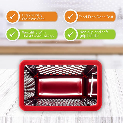 Spring Chef Professional Red 10" Parmesan Cheese Grater With Container, Stainless Steel & Soft Grip Handle, 4 Sided Kitchen Carrot Shredder, Handh...
