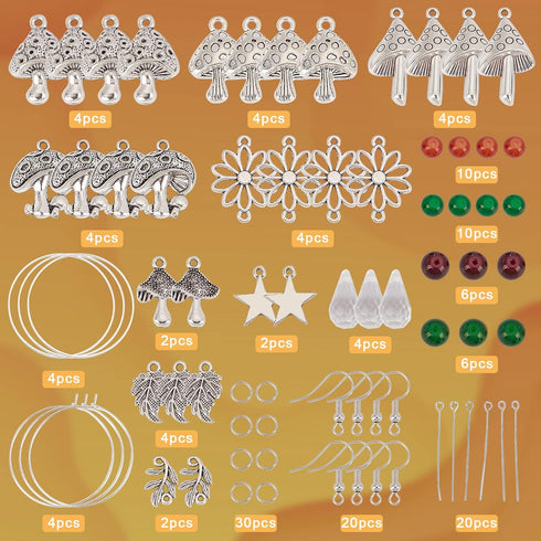 SUNNYCLUE 1 Box DIY 10 Pairs Mushroom Charms Mushrooms Charm Earring Making Starter Kit Tibetan Style Spring Plant Leaf Charms Flower Linking Conn...
