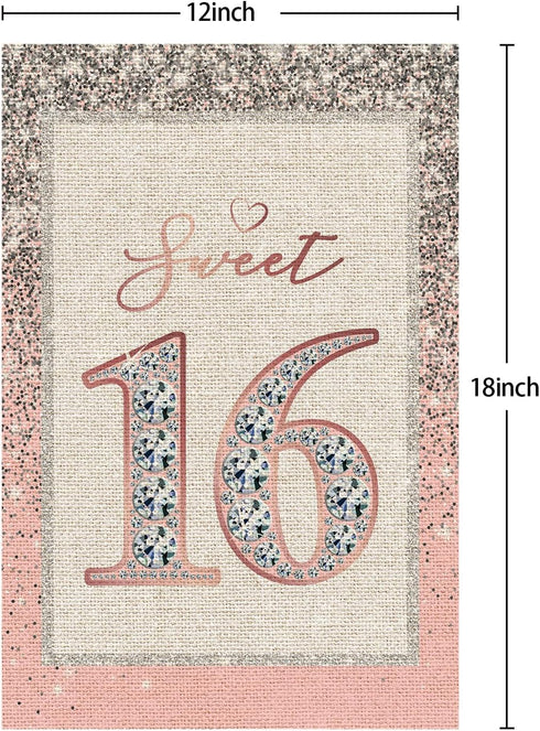 Sweet 16 Garden Flag / 16th Birthday Yard House Lawn Sign / 16th Wedding Anniversary Door Yard Lawn Sign Decor/Sweet Sixteen Party Indoor Outdoor ...