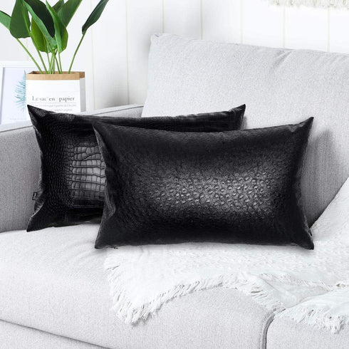 Black Ostrich Skin Faux Leather Pillow Cover - Sofa Cushion Case - Decorative Modern Throw Covers for Living Room & Bedroom - 12x20 Inches - Black...