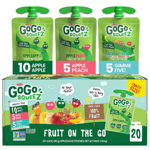 GoGo squeeZ Fruit on the Go Variety Pack, Apple, Peach & Gimme Five!, 3.2 oz (Pack of 20), Unsweetened Fruit Snacks for Kids, Gluten Free, Nut Fre...