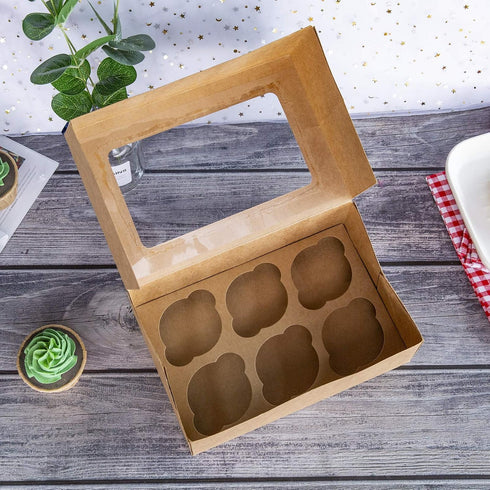 ONE MORE Cupcake Boxes with Inserts 6 Holders,9.5x6.3x3inch Large Brown Kraft Standard Bakery Boxes with Window Food Grade Cake Carrier Container ...
