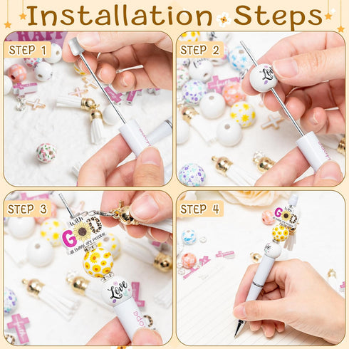 175pcs Religious Inspirational Beadable Ballpoint Pen Set, Set of 12 Plastic Beadable Pen, Hope Faith Love Wood Bead, Cross Pendant, Crystal Space...