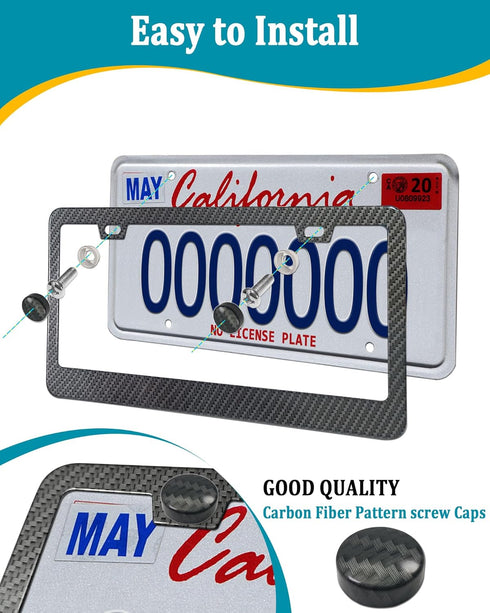 Aootf Carbon Fiber License Plate Frames - 2 Pack Black Aluminum Printed Carbon Patterns 2 Holes Front & Rear Car Tag Holder with Screws, Caps...