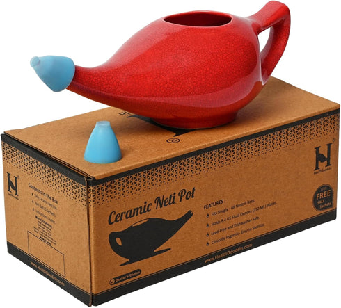 HealthGoodsIn Premium Handcrafted Durable Ceramic Neti Pot, Nasal Cleansing, Dishwasher Safe with 2 Silicone Nozzle Tip, Holds 225 Ml. - Crackle P...