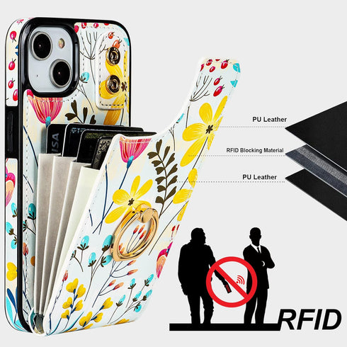 HAOPINSH for iPhone 13/ iPhone 14 Wallet Case with Card Holder, 360°Rotation Ring Kickstand, Floral Flower Pattern, RFID Blocking Leather for Girl...