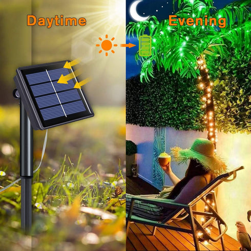 QITONG Warm White Solar Fairy Lights Outside Waterproof, 2 Pack Each 66ft 200 LED Solar String Lights Outdoor, 8 Modes Silver Wire Solar Twinkle L...