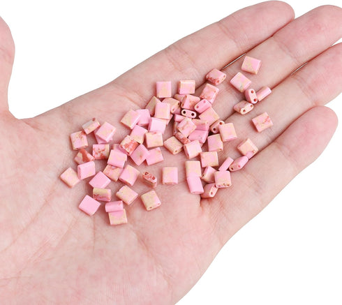 Pink Imperial Jasper Stone Tila Beads 5x5mm Square 2-Hole Spacer Beads for DIY Bracelet Earring Making 15"/Strand...