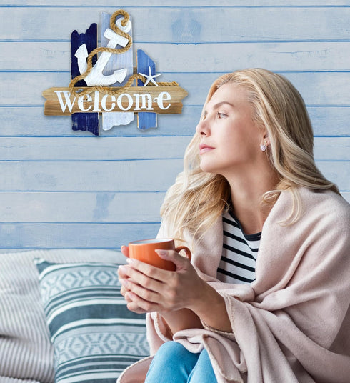CoTa Global Atlantic Anchor Welcome Nautical Decor Sign - Nautical Themed Wood Sign, Beach Decor for Wall, Novelty White and Blue Starfish and Anc...