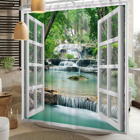 Baocicco Nature Landscape Shower Curtain Summer Forest River Jungle Waterfall Lake Window Scenery Shower Curtains Decorative for Bathroom Waterpro...