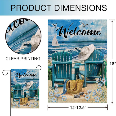 Welcome Summer Blue Sea Ocean Chairs Myosotis Sylvatica Flower Beach Garden Flag, Coastal Nautical Seagull Sailboat Bag Hat Decorative House Yard ...