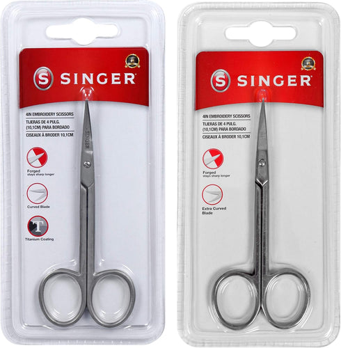 SINGER Set of 2 Scissors - 4 Inch Forged Embroidery Scissors with Curved Tip for Sewing, Cross-Stiching, Crafts, & More (Titanium Coated & Extra C...