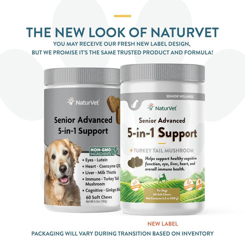 NaturVet Senior Advanced 5-in-1 Support Dog Supplement – Helps Support Immune System, Heart, Liver, Cognitive Function, Eye Health – Includes Gink...