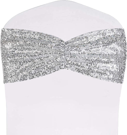 SquarePie Pack of 10 Sequin Chair Sashes Silver Sparkling Bands Decorative Bows for Wedding Banquet Party Event Decor...