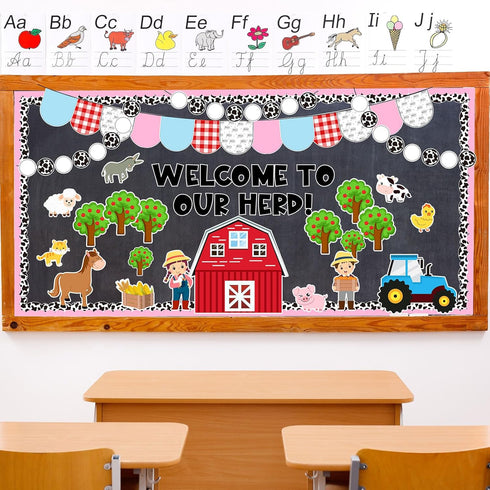 97Pcs Farm Animals Bulletin Board Kit Farmhouse Themed Bulletin Board Set Barnyard Animals Decoration Borders Cutouts with Glue Points for Farm Pa...