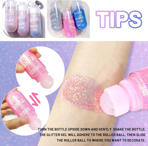 DAGEDA Body Glitter Gel, Roll-on Face Glitter for Mermaid Makeup Festival Rave Accessories, Holographic Hair Glitter Gel,Body Shimmer Halloween Ma...