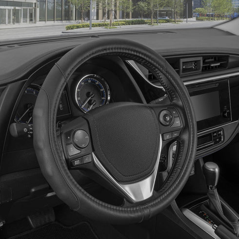 Motor Trend GripDrive Faux Black Leather Steering Wheel Cover for Car Truck Van SUV, Small 14 inch Size, Solid Black Stitched Car Steering Wheel C...