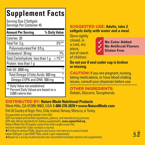 Nature Made Fish Oil 1000 mg Softgels, Fish Oil Supplements, Omega 3 Fish Oil for Healthy Heart Support, Omega 3 Supplement with 90 Softgels, 45 D...