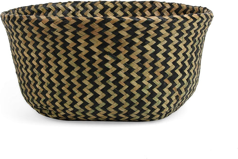 Woven Seagrass Belly Basket for Storage Plant Pot Basket and Laundry, Picnic and Grocery Basket (Medium, black strips)...