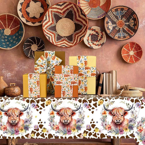 2 Rolls 20 Yards Boho Floral Highland Cow Wired Edge Ribbon Animal Flowers Printed Fabric Ribbon for Gift Wrapping Wreaths Making Craft Supplies, ...