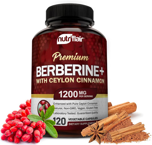 NutriFlair Premium Berberine HCL 1200mg, 120 Capsules - plus Pure True Ceylon Cinnamon, Berberine HCI Root Supplements Pills - immune system, heal...