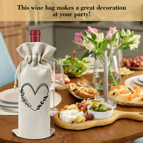 Linen Wine Bags Gift for mom, Mothers Day Drawstring Wine Bottles Bags Gift for Mama Mom Mommy from Daughter Son, 1 Pack Reusable Burlap Wine Bag ...