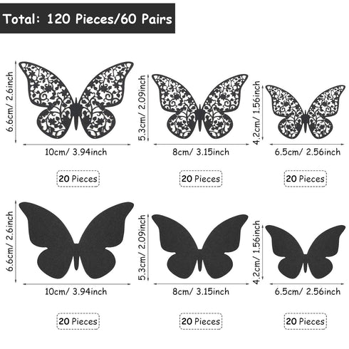 Outus 120 Pieces Black 3D Layered Butterfly Wall Decor Removable Butterfly Stickers Hollow Mural Decals for Birthday Cake Decorations Crafts Bouqu...