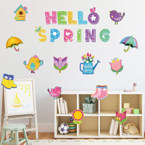 67 Pcs Spring Bulletin Board Decorations Set,Flower Paper Cutouts Classroom Decor with Glue Points Seasonal Class Decor for Office School Kinderga...