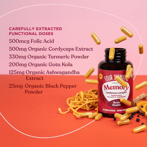 Four Sigmatic Memory Capsules | Reduce Brain Fog & Improve Memory | Nootropic Memory Supplement for Brain Support with Cordyceps Mushroom, Gotu Ko...