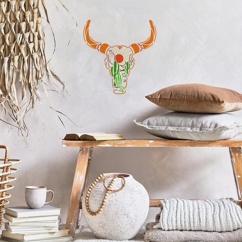 FINGERINSPIRE Cow Skull Painting Stencils 11.8x11.8 inch Plastic Desert Landscape Drawing Painting Stencils Bull Skull & Cactus Sun Pattern Stenci...