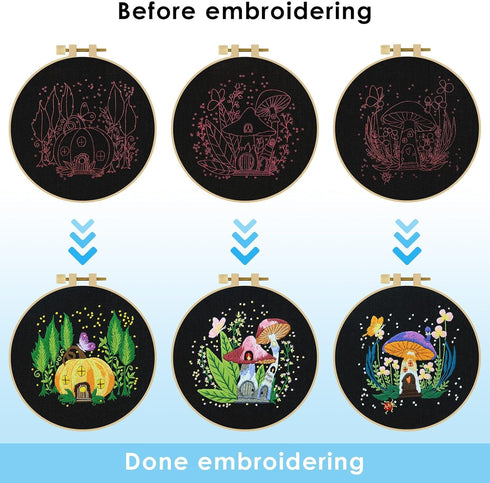 ERKOON 5 Sets Embroidery Kit for Beginners, Art Craft Handy Sewing Set Mushroom Cross Stitch Starter Kits, DIY Embroidery Kits with Patterns and I...